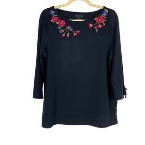Talbots Navy Blue Embroidered Floral Tunic 3/4 Sleeve Medium Petite